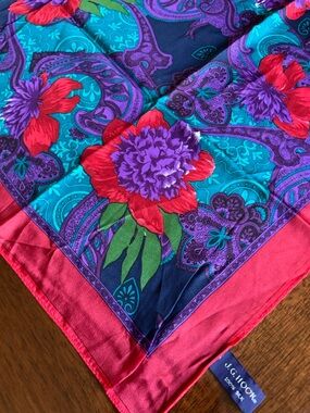 J.G. Hook Floral Silk Scarf - Teal, Purple & Red 30“ x 30“